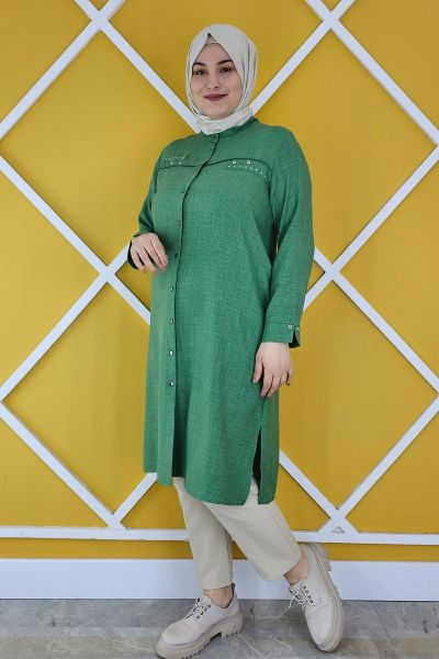 KADIN KUŞGÖZÜ VE TAŞLI KETEN TESETTÜR GÖMLEK BENETTON - 5 BEDEN