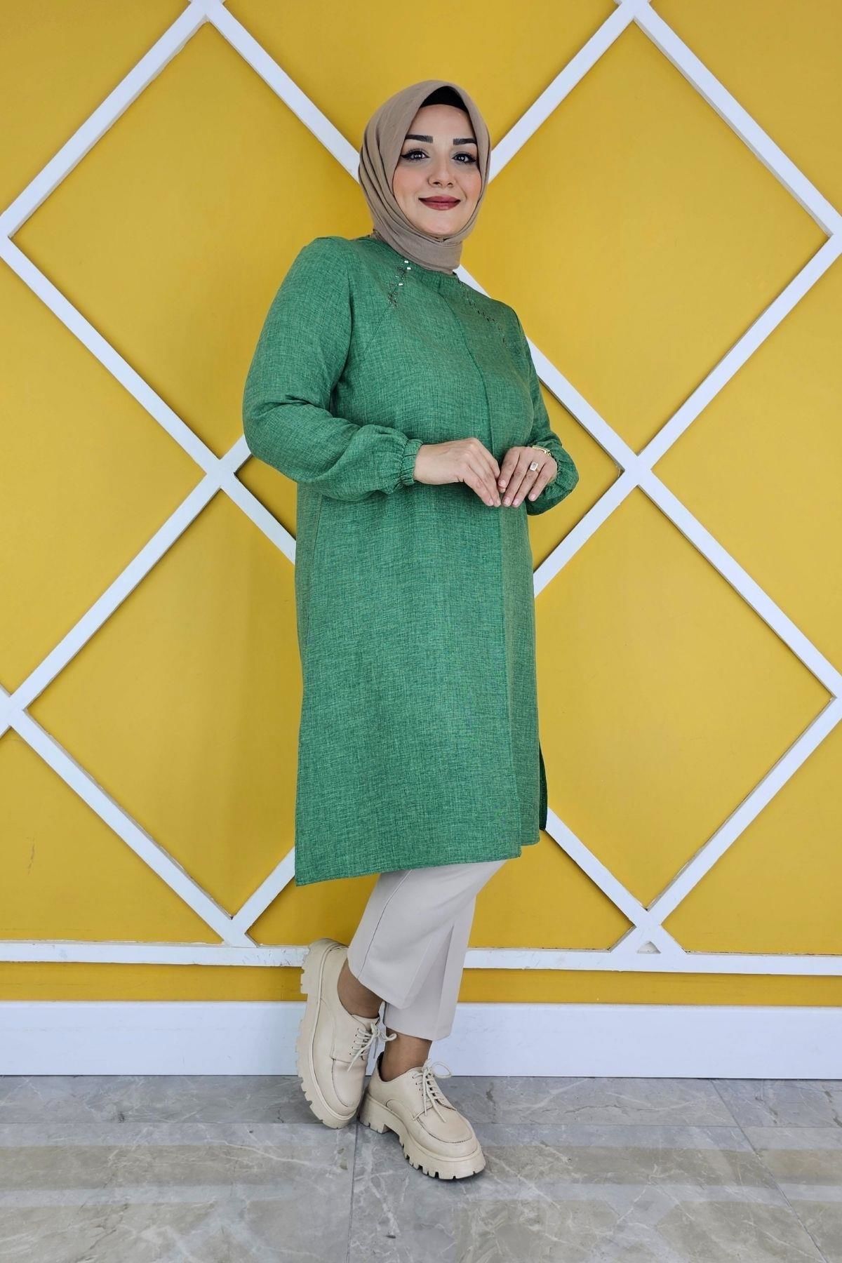 KADIN YAKASI BİYELİ TAŞ DETAYLI TESETTÜR TUNİK BENETTON - L