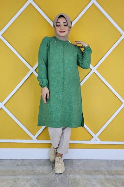 KADIN YAKASI BİYELİ TAŞ DETAYLI TESETTÜR TUNİK BENETTON - L