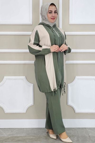 PYS KADIN DİKME DETAYLI KAPÜŞONLU TESETTÜR TAKIM HAKİ - 3 BEDEN