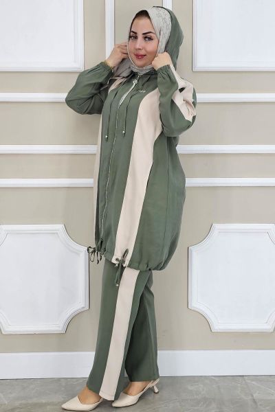 PYS KADIN DİKME DETAYLI KAPÜŞONLU TESETTÜR TAKIM HAKİ - 3 BEDEN