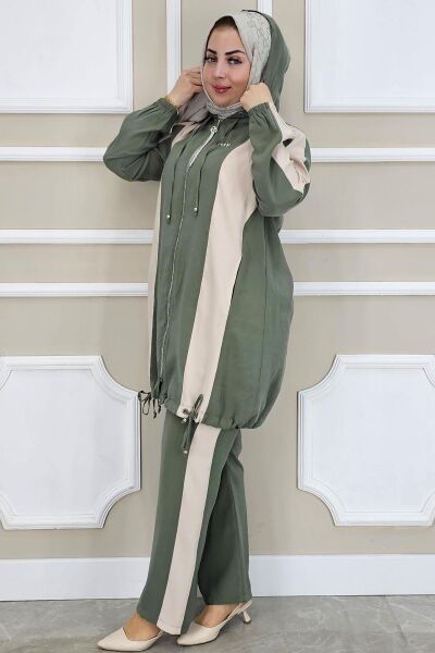 PYS KADIN DİKME DETAYLI KAPÜŞONLU TESETTÜR TAKIM HAKİ - 4 BEDEN