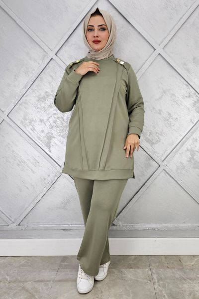 KADIN DÜĞME DETAYLI NERVÜR DİKİM TESETTÜR TAKIM HAKİ - 4 BEDEN