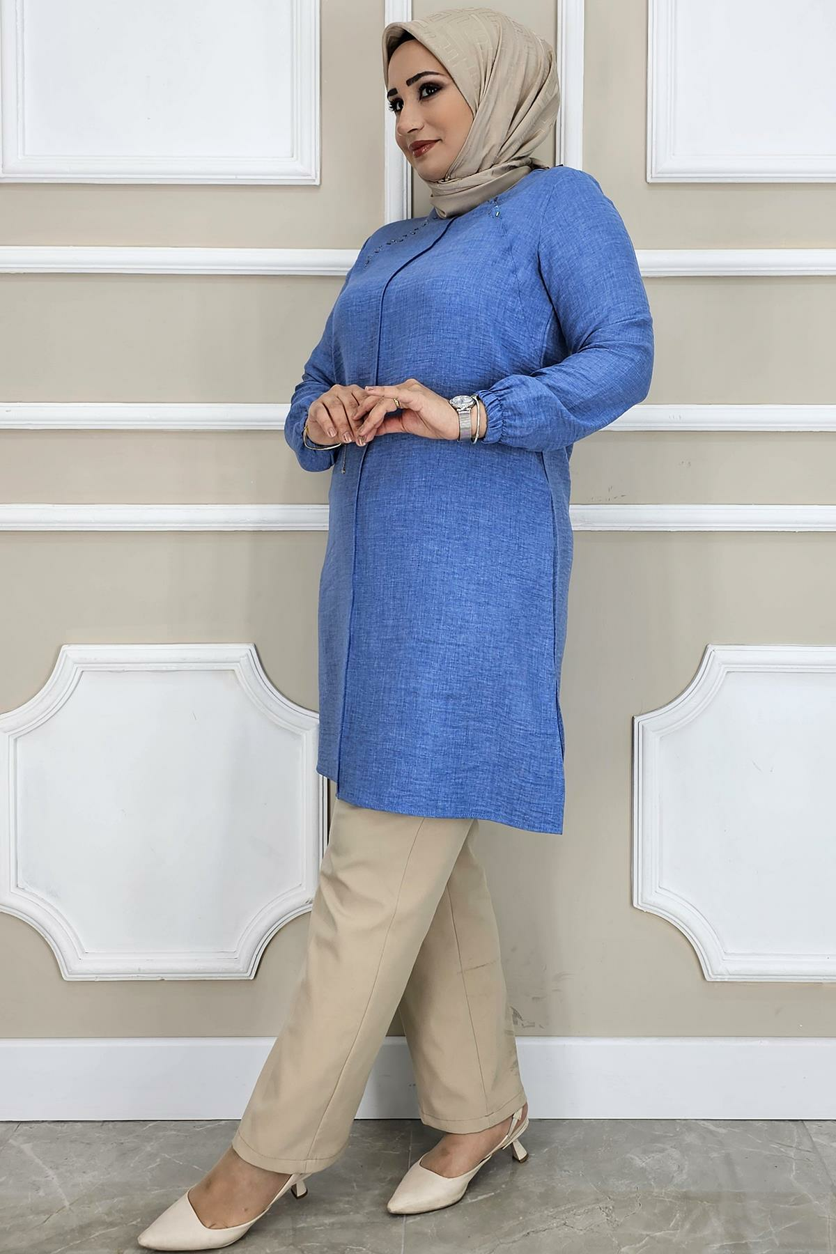 KADIN YAKASI BİYELİ TAŞ DETAYLI TESETTÜR TUNİK EGE - 2XL