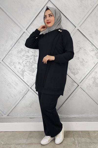KADIN DÜĞME DETAYLI NERVÜR DİKİM TESETTÜR TAKIM SİYAH - 5 BEDEN