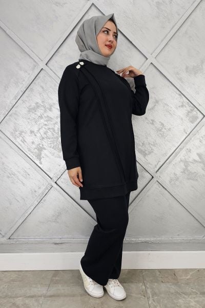 KADIN DÜĞME DETAYLI NERVÜR DİKİM TESETTÜR TAKIM SİYAH - 5 BEDEN
