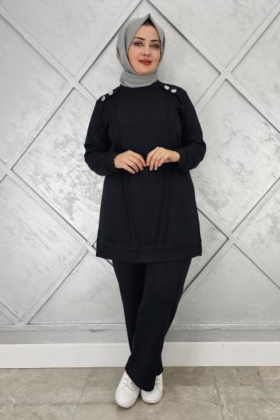 KADIN DÜĞME DETAYLI NERVÜR DİKİM TESETTÜR TAKIM SİYAH - 5 BEDEN