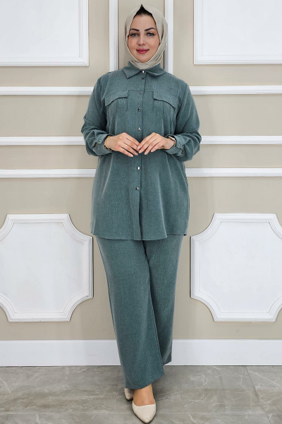 PYS KADIN TAŞ DETAYLI TESETTÜR TAKIM PETROL YEŞİLİ - 3 BEDEN