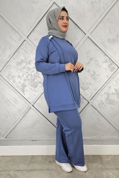 KADIN DÜĞME DETAYLI NERVÜR DİKİM TESETTÜR TAKIM İNDİGO - 3 BEDEN