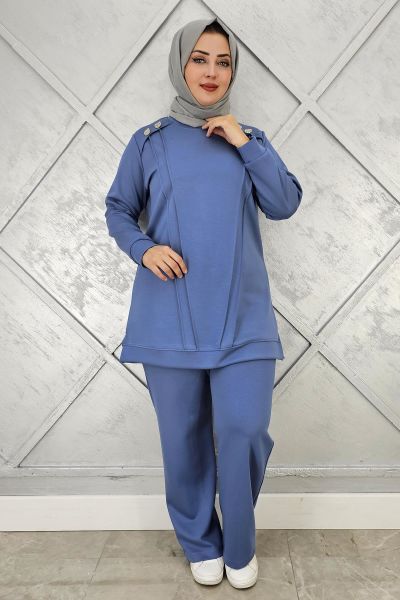 KADIN DÜĞME DETAYLI NERVÜR DİKİM TESETTÜR TAKIM İNDİGO - 3 BEDEN