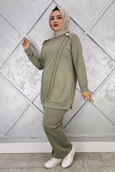 KADIN DÜĞME DETAYLI NERVÜR DİKİM TESETTÜR TAKIM HAKİ - 5 BEDEN