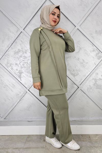 KADIN DÜĞME DETAYLI NERVÜR DİKİM TESETTÜR TAKIM HAKİ - 5 BEDEN