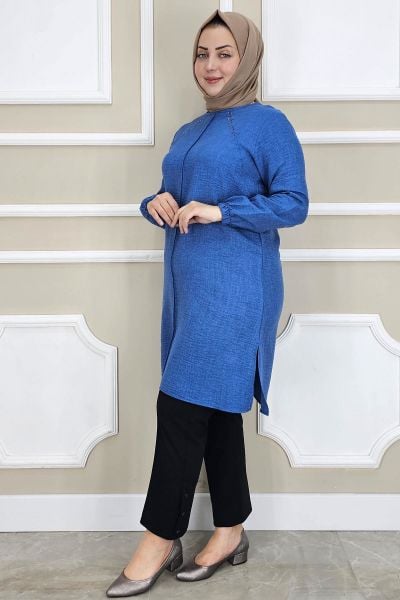 KADIN YAKASI BİYELİ TAŞ DETAYLI TESETTÜR TUNİK İNDİGO - 2XL