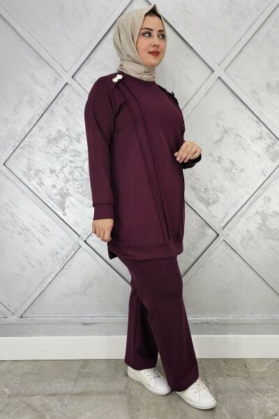 KADIN DÜĞME DETAYLI NERVÜR DİKİM TESETTÜR TAKIM BORDO - 3 BEDEN