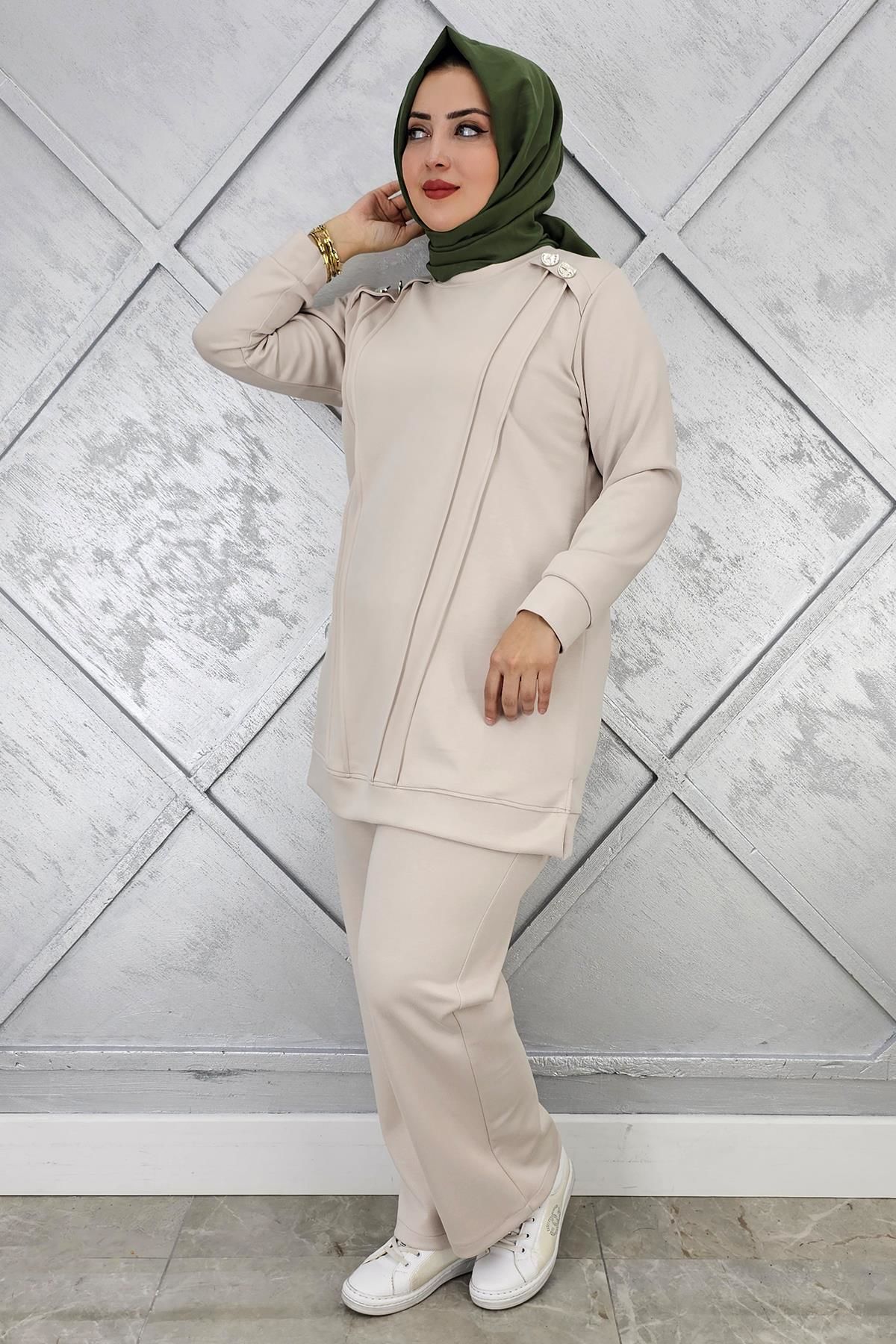 KADIN DÜĞME DETAYLI NERVÜR DİKİM TESETTÜR TAKIM TAŞ - 4 BEDEN