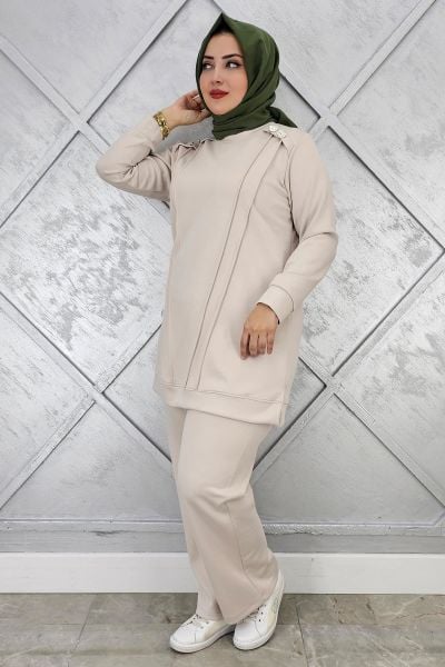 KADIN DÜĞME DETAYLI NERVÜR DİKİM TESETTÜR TAKIM TAŞ - 4 BEDEN