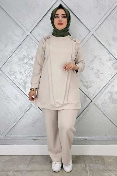 KADIN DÜĞME DETAYLI NERVÜR DİKİM TESETTÜR TAKIM TAŞ - 4 BEDEN