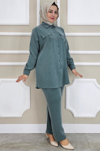 PYS KADIN TAŞ DETAYLI TESETTÜR TAKIM PETROL YEŞİLİ - 5 BEDEN