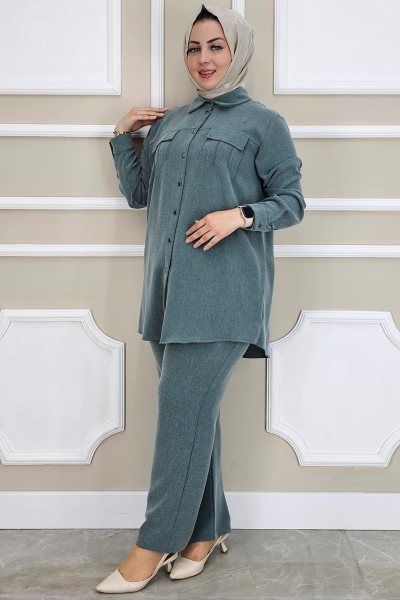 PYS KADIN TAŞ DETAYLI TESETTÜR TAKIM PETROL YEŞİLİ - 5 BEDEN