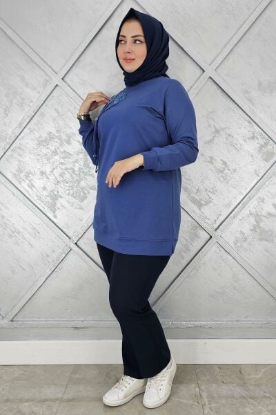 KADIN DİKME VE BAĞUCU DETAYLI TESETTÜR TUNİK İNDİGO - 4 BEDEN
