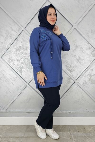 KADIN DİKME VE BAĞUCU DETAYLI TESETTÜR TUNİK İNDİGO - 4 BEDEN