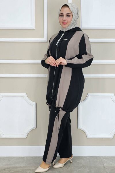 KADIN DİKME DETAYLI KAPÜŞONLU TESETTÜR TAKIM SİYAH - 3 BEDEN