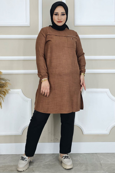 KADIN ALLER VE TAŞ DETAYLI TESETTÜR TUNİK KAHVERENGİ - XL