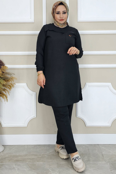 KADIN ALLER VE TAŞ DETAYLI TESETTÜR TUNİK SİYAH - XL