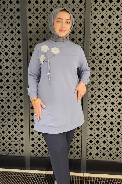 KADIN DİKME VE BAĞUCU DETAYLI TESETTÜR TUNİK MAVİ - 5 BEDEN