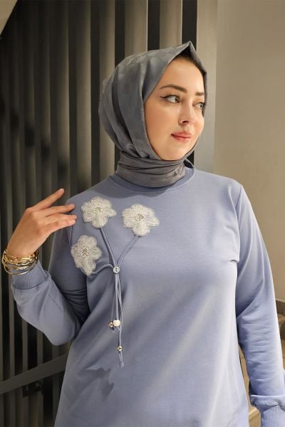 KADIN DİKME VE BAĞUCU DETAYLI TESETTÜR TUNİK MAVİ - 5 BEDEN