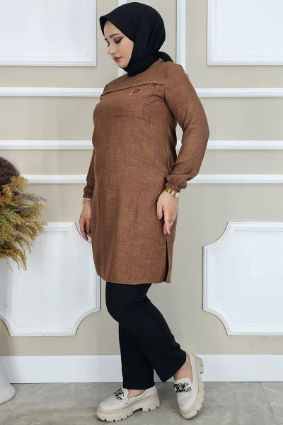 KADIN ALLER VE TAŞ DETAYLI TESETTÜR TUNİK KAHVERENGİ - 2XL