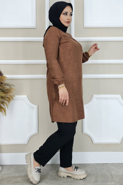 KADIN ALLER VE TAŞ DETAYLI TESETTÜR TUNİK KAHVERENGİ - 2XL
