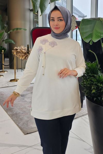 KADIN DİKME VE BAĞUCU DETAYLI TESETTÜR TUNİK EKRU - 5 BEDEN