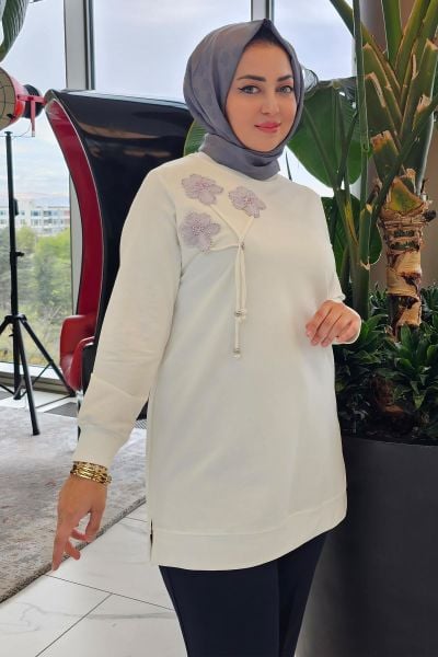 KADIN DİKME VE BAĞUCU DETAYLI TESETTÜR TUNİK EKRU - 5 BEDEN