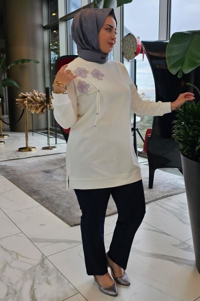 KADIN DİKME VE BAĞUCU DETAYLI TESETTÜR TUNİK EKRU - 5 BEDEN