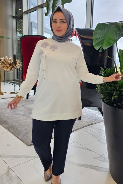 KADIN DİKME VE BAĞUCU DETAYLI TESETTÜR TUNİK EKRU - 5 BEDEN