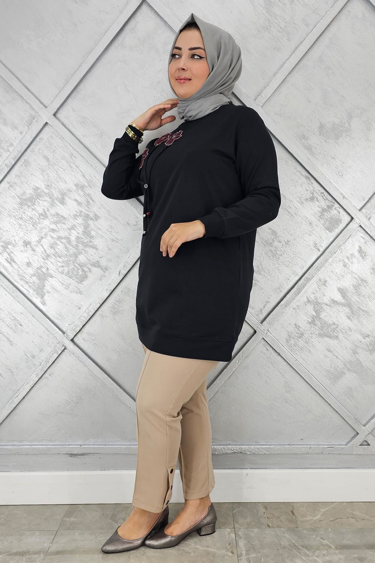 KADIN DİKME VE BAĞUCU DETAYLI TESETTÜR TUNİK SİYAH - 3 BEDEN