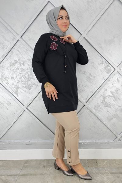 KADIN DİKME VE BAĞUCU DETAYLI TESETTÜR TUNİK SİYAH - 3 BEDEN