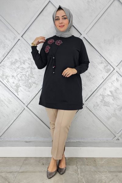 KADIN DİKME VE BAĞUCU DETAYLI TESETTÜR TUNİK SİYAH - 3 BEDEN