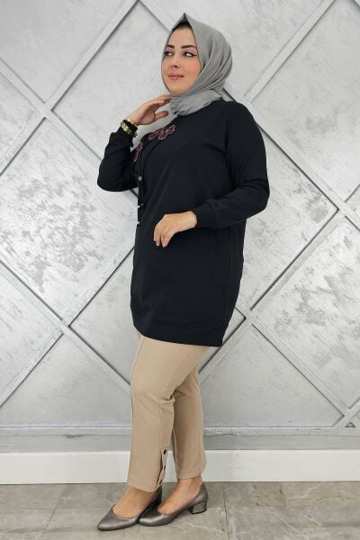 KADIN DİKME VE BAĞUCU DETAYLI TESETTÜR TUNİK SİYAH - 2 BEDEN