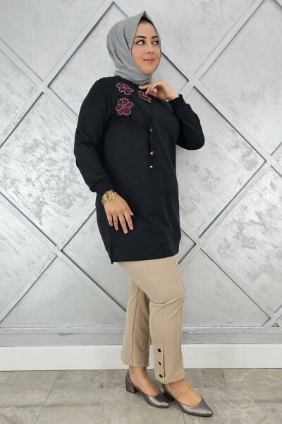 KADIN DİKME VE BAĞUCU DETAYLI TESETTÜR TUNİK SİYAH - 2 BEDEN