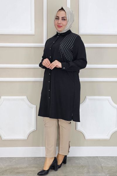 PYS KADIN TAŞ DETAYLI TESETTÜR GÖMLEK SİYAH - 2 BEDEN