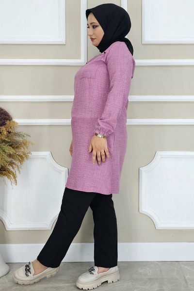 KADIN ALLER VE TAŞ DETAYLI TESETTÜR TUNİK GÜL KURUSU - 2XL