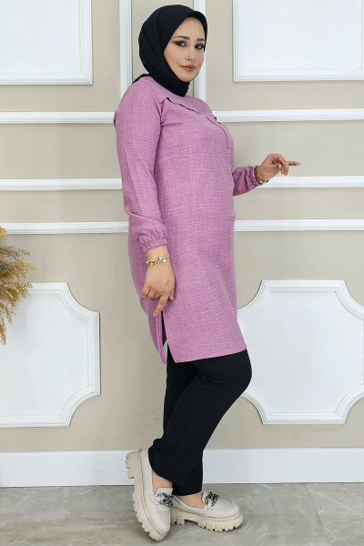KADIN ALLER VE TAŞ DETAYLI TESETTÜR TUNİK GÜL KURUSU - 2XL