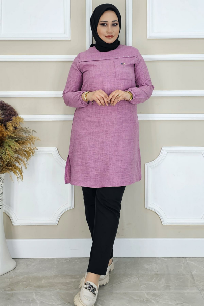 KADIN ALLER VE TAŞ DETAYLI TESETTÜR TUNİK GÜL KURUSU - 2XL