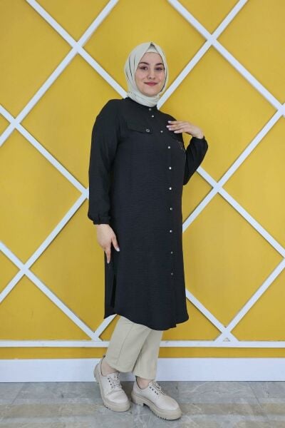 WOMAN COAT OF BROOCH AND STONE DETAILED LINEN HIJAB SHIRT BLACK - SIZE 5
