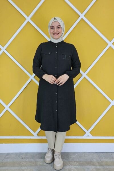 WOMAN COAT OF BROOCH AND STONE DETAILED LINEN HIJAB SHIRT BLACK - SIZE 5