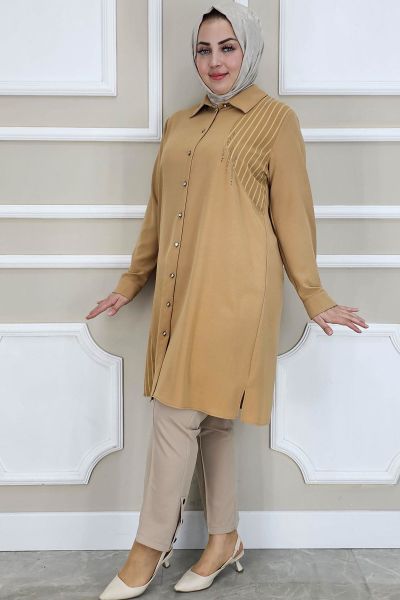 PYS KADIN TAŞ DETAYLI TESETTÜR GÖMLEK CAMEL - 3 BEDEN