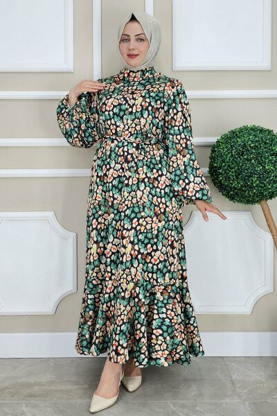 PYS KADIN ÇİÇEK DESENLİ TESETTÜR ELBİSE YEŞİL - 44 BEDEN