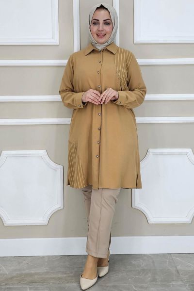 KADIN TAŞ DETAYLI TESETTÜR GÖMLEK CAMEL - 4 BEDEN